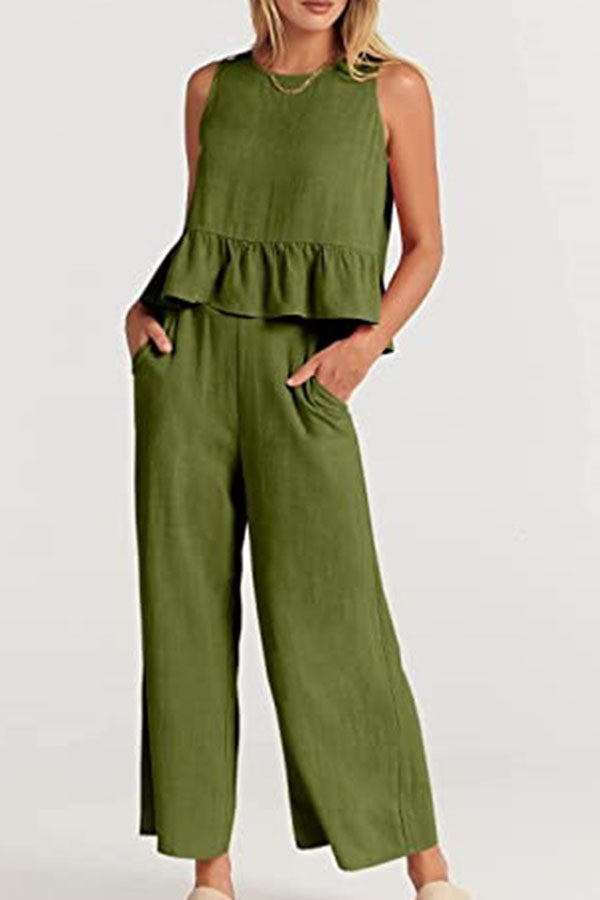 Sleeveless pleated vest wide-leg cropped pants casual suit