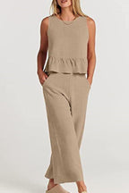 Sleeveless pleated vest wide-leg cropped pants casual suit