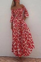 Close To The Vacation Floral Print Smocked Off Shoulder Pocketed Maxi Dress