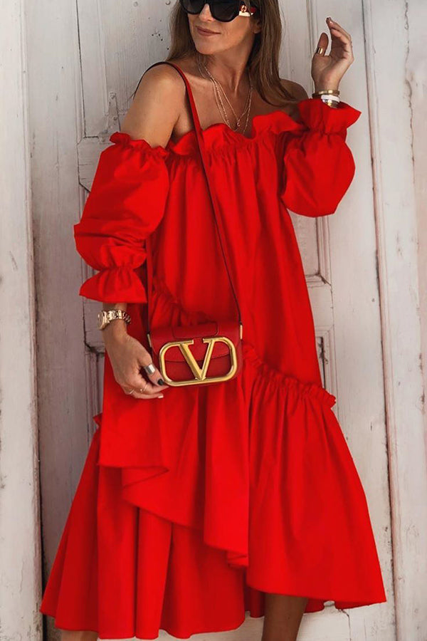 Fionna Off Shoulder Ruffle Irregular Trim Loose Midi Dress