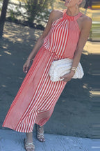 One More Chance Striped Adjustable Waist Halter Midi Dress