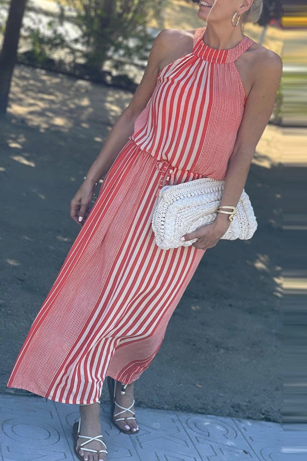 One More Chance Striped Adjustable Waist Halter Midi Dress