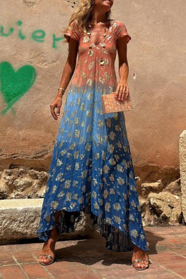 Evaluna Tie Dye Gradient Golden Flower Print Short Sleeve A-line Maxi Dress