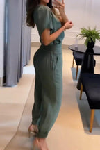 Jemma Puff Sleeve Top and High Waist Pocketed Cuffed Pants Set