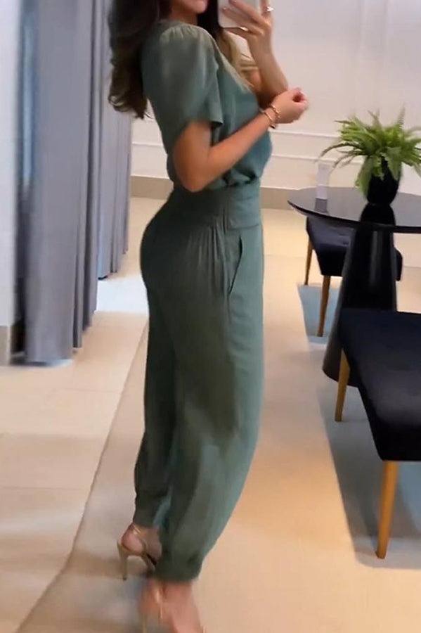 Jemma Puff Sleeve Top and High Waist Pocketed Cuffed Pants Set