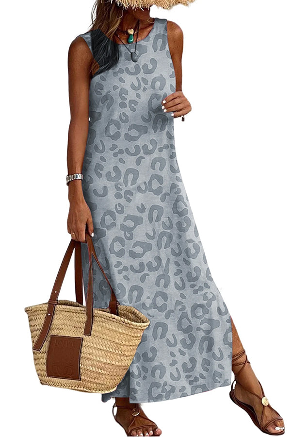 Gray Casual Leopard Print Side Slits Tank Maxi Dress