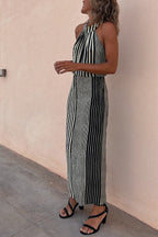 One More Chance Striped Adjustable Waist Halter Midi Dress