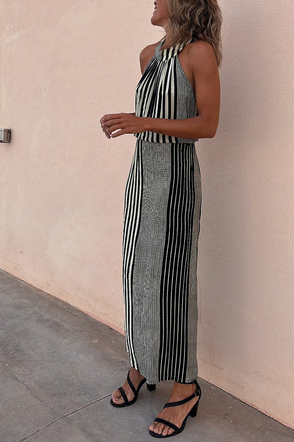 One More Chance Striped Adjustable Waist Halter Midi Dress