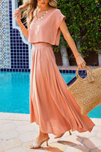 Short Sleeve Crop Top and Maxi Pleated Skirt Set