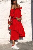 Fionna Off Shoulder Ruffle Irregular Trim Loose Midi Dress