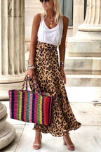 Today¡¯s Journey Satin Leopard Tie Front Elastic Waist Midi Skirt