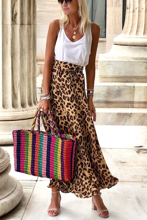 Today¡¯s Journey Satin Leopard Tie Front Elastic Waist Midi Skirt