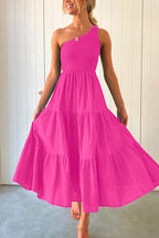 One Shoulder Sleeveless Smocked Ruffle Tiered Maxi Dress